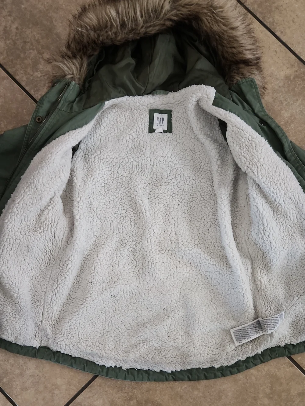 GAP Girls Olive Green Parka with Faux Fur Hood and Sherpa Lining